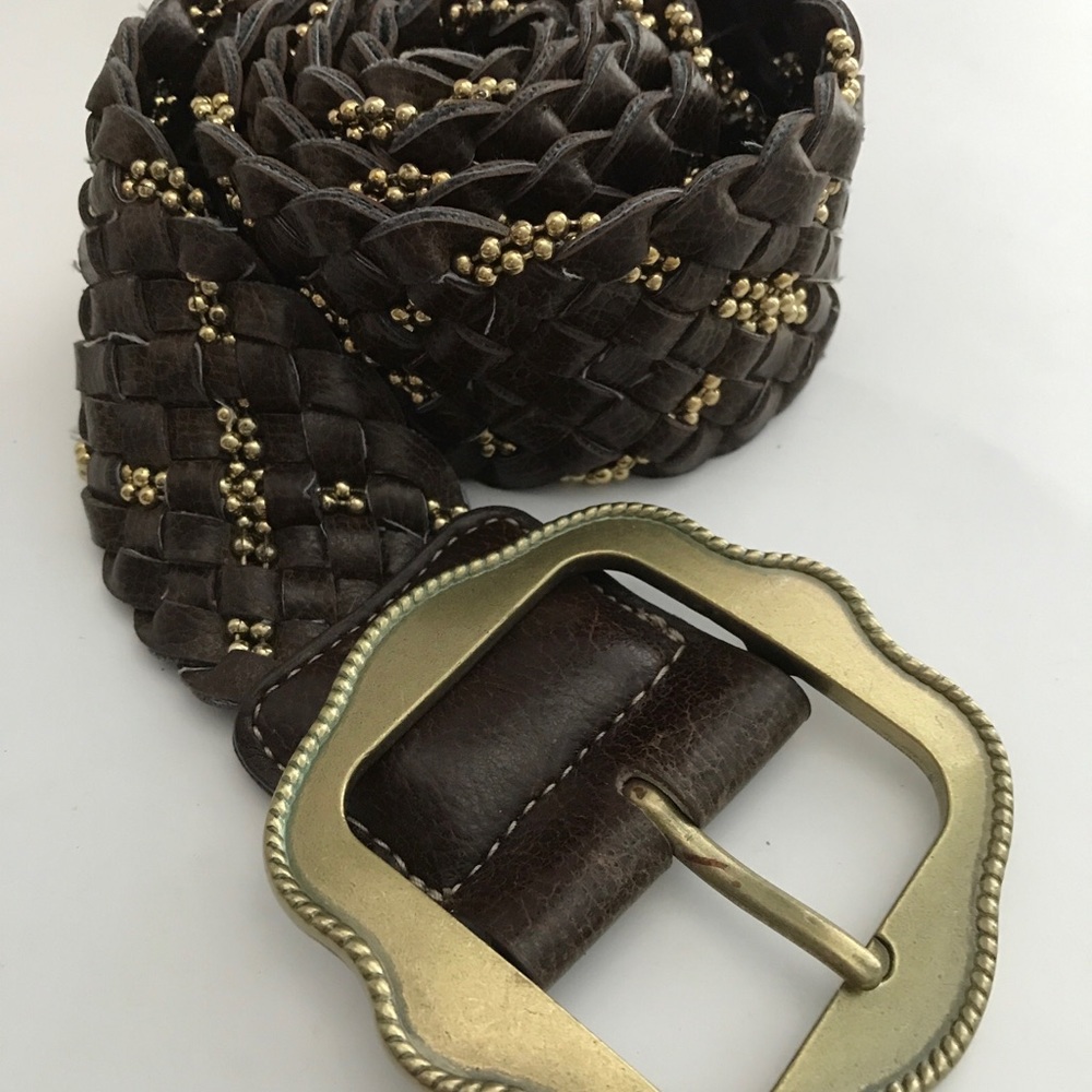 Kathy Van Zealand Wide Belt XL Brown Gold Beaded Vintage Boho Western Bling 43”.